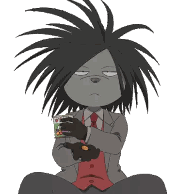 A Cartoon Character With Long Black Hair Is Sitting Down And Holding A Can Of Nuts GIF