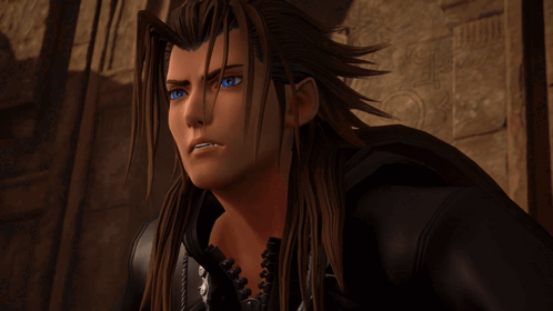 A Cartoon Character With Long Hair And Blue Eyes Is Wearing A Black Jacket GIF