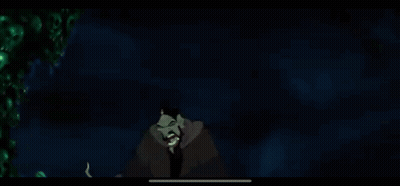 A Cartoon Character With Long Hair And Green Eyes Is Standing In The Dark GIF