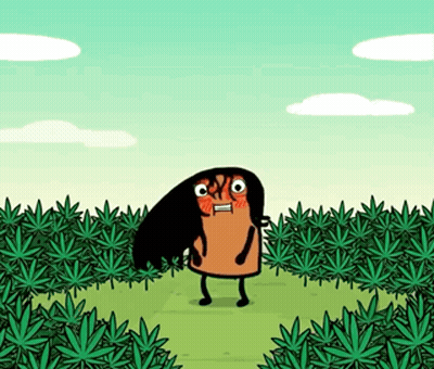 A Cartoon Character With Long Hair Is Standing In A Field Of Marijuana Leaves GIF