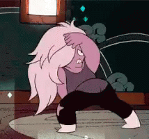 A Cartoon Character With Long Pink Hair Is Standing In A Room . GIF