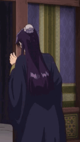 A Cartoon Character With Long Purple Hair Is Standing In Front Of A Window . GIF