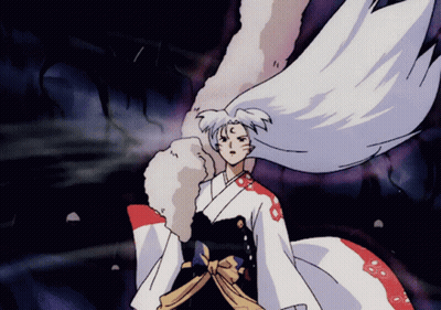 A Cartoon Character With Long White Hair And A Red And White Kimono GIF