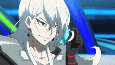 A Cartoon Character With Long White Hair And Red Eyes Is Holding A Sword . GIF