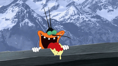 A Cartoon Character With Mountains In The Background Is Eating A Piece Of Pizza GIF