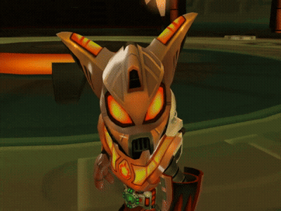 A Cartoon Character With Orange Eyes And A Helmet On GIF