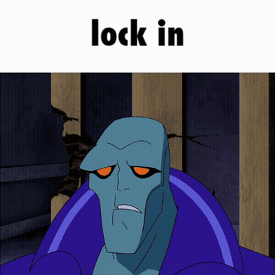 A Cartoon Character With Orange Eyes And The Words Lock In Below Him GIF