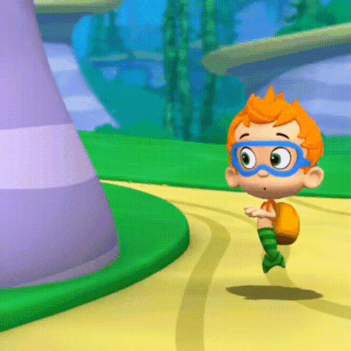A Cartoon Character With Orange Hair And Green Socks Is Running Down A Path GIF