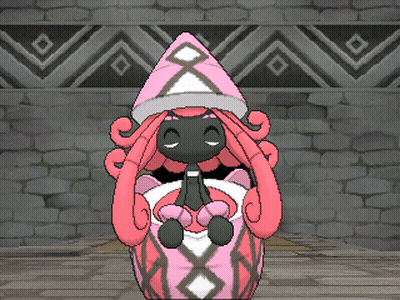 A Cartoon Character With Pink Hair And A Pink Hat Is Sitting In Front Of A Stone Wall GIF