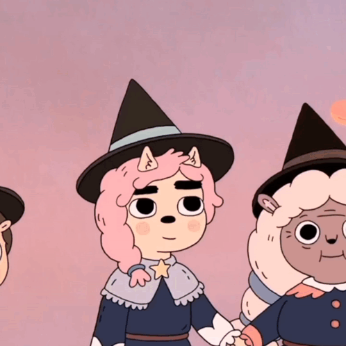 A Cartoon Character With Pink Hair And A Witch Hat Is Holding A Wand GIF
