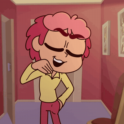 A Cartoon Character With Pink Hair And A Yellow Shirt Is Smiling GIF
