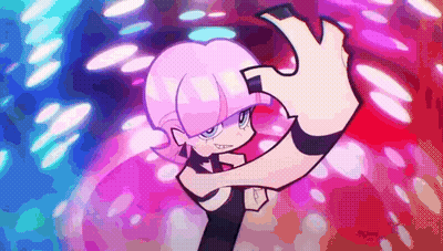 A Cartoon Character With Pink Hair And Black Nails Is Dancing In A Club . GIF