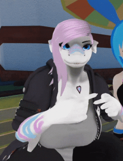 A Cartoon Character With Pink Hair And Blue Eyes Is Pointing GIF