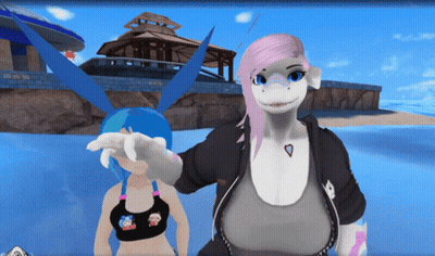 A Cartoon Character With Pink Hair And Blue Eyes Is Standing Next To Another Cartoon Character GIF