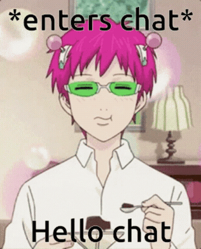 A Cartoon Character With Pink Hair And Green Glasses Is Holding A Spoon And Saying `` Enters Chat Hello Chat '' . GIF