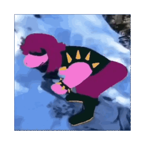 A Cartoon Character With Pink Hair And Purple Pants Is Kneeling Down In The Snow Sticker