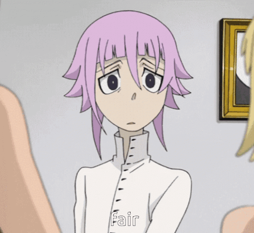A Cartoon Character With Pink Hair And The Word Fair On Her Chest GIF