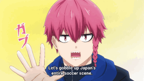 A Cartoon Character With Pink Hair And The Words Let 'S Gobble Up Japan 'S Entire Soccer Scene GIF