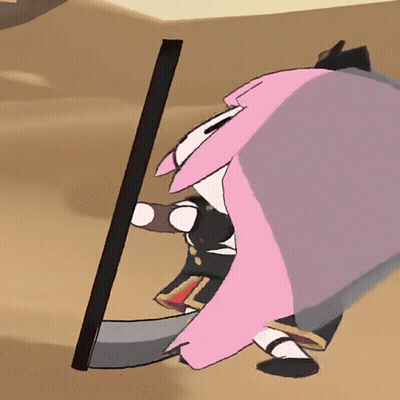 A Cartoon Character With Pink Hair Is Holding A Black Stick GIF