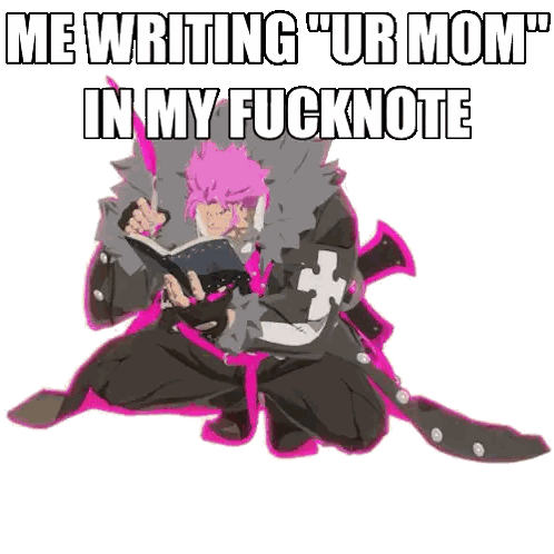 A Cartoon Character With Pink Hair Is Holding A Book And Says " Me Writing " Ur Mom In My Fucknote " Sticker