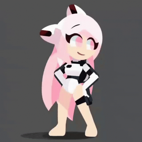 A Cartoon Character With Pink Hair Is Holding A Gun And Smiling GIF