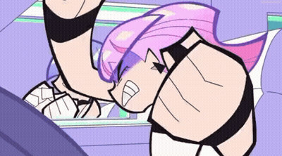 A Cartoon Character With Pink Hair Is Laying On A Bed With A Purple Background GIF