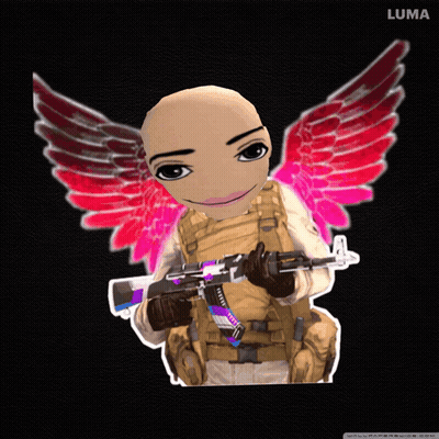A Cartoon Character With Pink Wings Holding A Gun And The Name Luma At The Bottom GIF