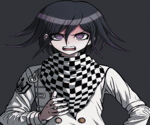 A Cartoon Character With Purple Hair And A Checkered Scarf GIF