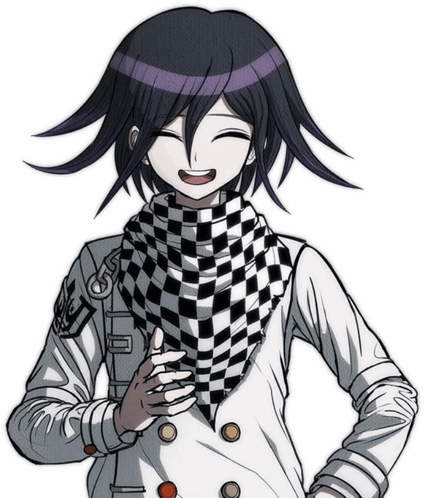A Cartoon Character With Purple Hair And A Checkered Scarf Smiles GIF
