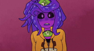A Cartoon Character With Purple Hair And A Green Heart On Her Chest . GIF