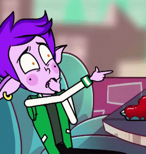 A Cartoon Character With Purple Hair And A Green Jacket Is Pointing At Something GIF