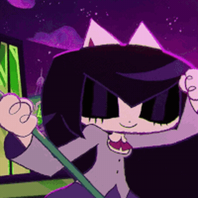 A Cartoon Character With Purple Hair And A Green Stick GIF