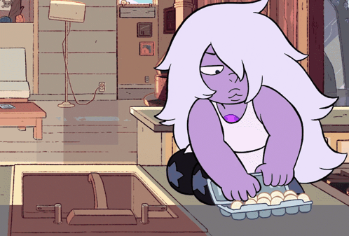 A Cartoon Character With Purple Hair And A Purple Necklace Is Holding A Tray Of Eggs GIF