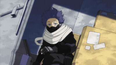 A Cartoon Character With Purple Hair And A Scarf Around His Face GIF