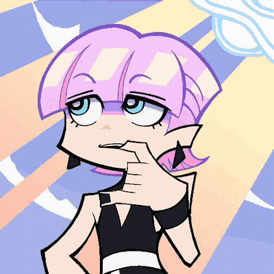 A Cartoon Character With Purple Hair And Blue Eyes Holds Her Hand To Her Chin GIF