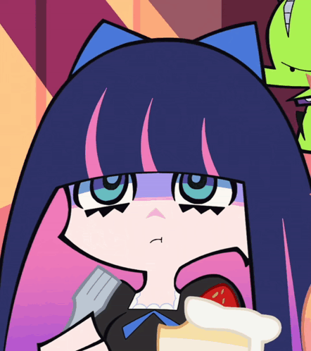 A Cartoon Character With Purple Hair And Blue Eyes Is Holding A Piece Of Pie GIF