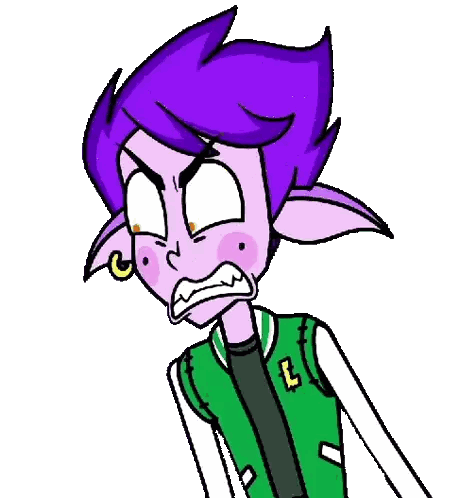 A Cartoon Character With Purple Hair And Ears Is Wearing A Green Jacket With The Letter L On It Sticker