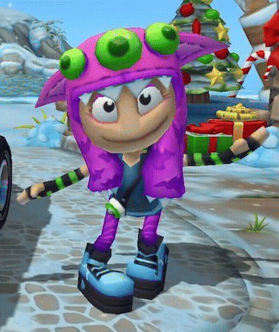 A Cartoon Character With Purple Hair And Green Eyes Is Holding A Gift Box GIF