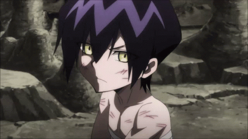A Cartoon Character With Purple Hair And Green Eyes Looks At The Camera GIF
