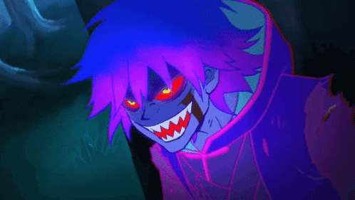 A Cartoon Character With Purple Hair And Red Eyes Has Sharp Teeth GIF