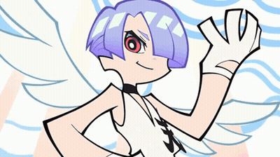 A Cartoon Character With Purple Hair And Red Eyes Waves Her Hand GIF