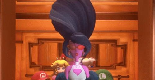 A Cartoon Character With Purple Hair And Sunglasses Is Standing Next To Peach And Luigi In A Room . GIF