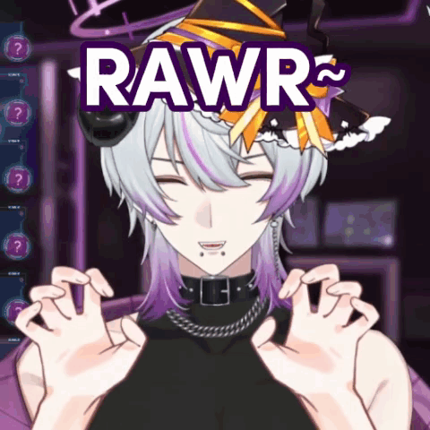 A Cartoon Character With Purple Hair And The Word Rawr Written On It GIF