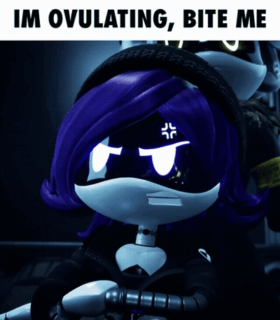 A Cartoon Character With Purple Hair And The Words Im Ovulating Bite Me On The Bottom GIF