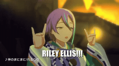 A Cartoon Character With Purple Hair And The Words Riley Ellis On The Bottom GIF