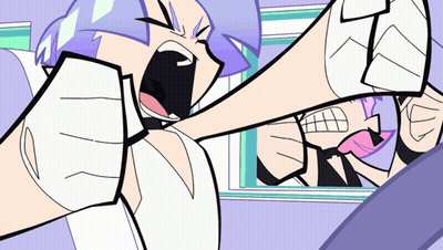 A Cartoon Character With Purple Hair And White Gloves Is Kicking Another Character GIF