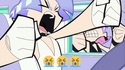 A Cartoon Character With Purple Hair And White Gloves Is Screaming GIF