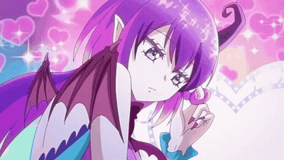 A Cartoon Character With Purple Hair And Wings Has A Pink Heart In The Background GIF