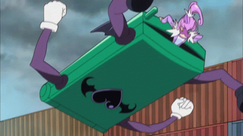 A Cartoon Character With Purple Hair Is Flying Through The Air On A Green Item GIF