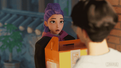 A Cartoon Character With Purple Hair Is Holding A Box That Says Netflix On It GIF